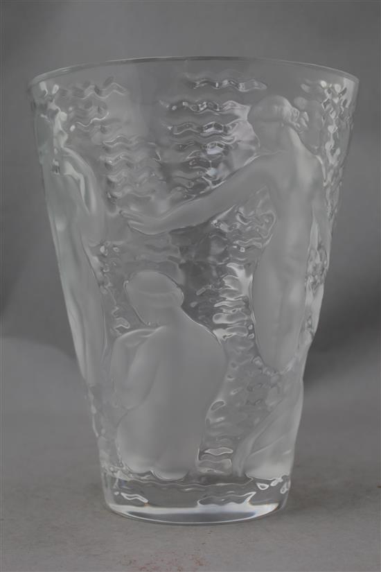 A Lalique Ondines conical glass vase, post-war, 24cm.